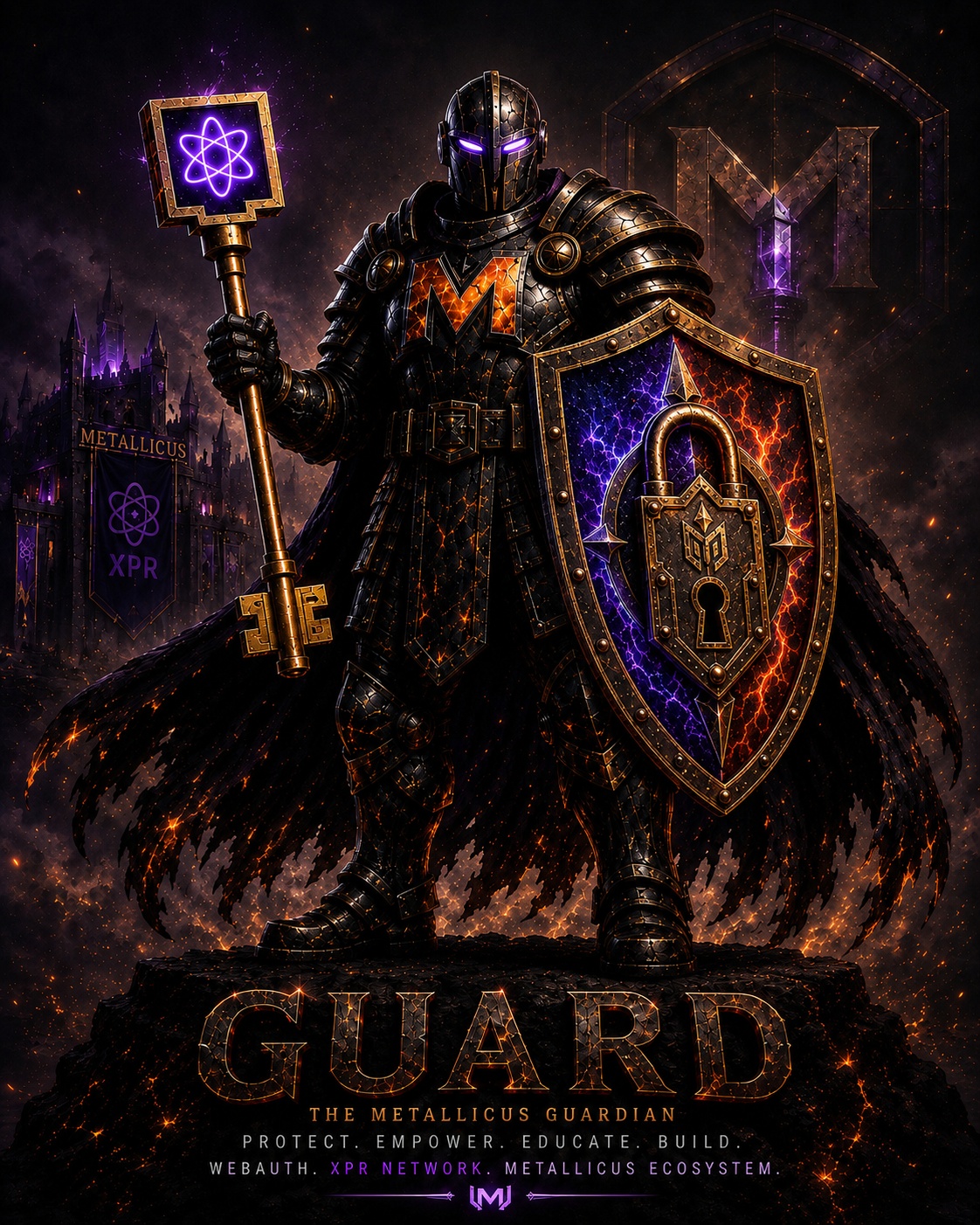 GUARD in dark armour, carrying a shield and a Proton Key